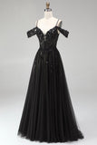 Cold Shoulder Black A-Line z cekinami z cekinami – długa sukienka na studniówkę z rozcięciem