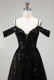 Cold Shoulder Black A-Line z cekinami z cekinami – długa sukienka na studniówkę z rozcięciem