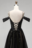 Cold Shoulder Black A-Line z cekinami z cekinami – długa sukienka na studniówkę z rozcięciem