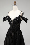 Cold Shoulder Black A-Line z cekinami z cekinami – długa sukienka na studniówkę z rozcięciem