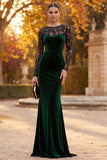 Ciemnozielona aksamitna syrena z iluzją i długim rękawem Maxi Formal Dress z koronką