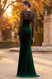 Ciemnozielona aksamitna syrena z iluzją i długim rękawem Maxi Formal Dress z koronką
