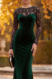 Ciemnozielona aksamitna syrena z iluzją i długim rękawem Maxi Formal Dress z koronką