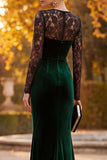 Ciemnozielona aksamitna syrena z iluzją i długim rękawem Maxi Formal Dress z koronką