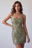 Olive Sequins, kwieciste aplikacje, ramiączka spaghetti, body-short koktajlowa sukienka koktajlowa
