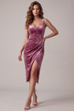 Fuksjowa bodycon Sweetheart Velvet Cuped Midi Cocktail Dress with Sit with Stit