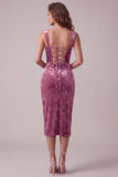Fuksjowa bodycon Sweetheart Velvet Cuped Midi Cocktail Dress with Sit with Stit