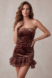 Chocolates Bodycon, bez ramiączek, falbaniane, aksamitne kwiatowe krótkie koktajlowe sukienki