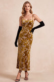 Sukienka Maxi Formal Mustard Gold Sheath Spaghetti Velvet Print