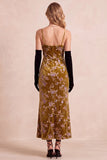 Sukienka Maxi Formal Mustard Gold Sheath Spaghetti Velvet Print