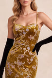 Sukienka Maxi Formal Mustard Gold Sheath Spaghetti Velvet Print