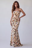 Sukienka Maxi Elegan z aksamitnym wzorem bez ramiączek Mermaid