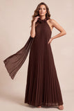 Chocolates A-line Halter Chiffon Pliated Maxi Formal Dress z 3D Flower