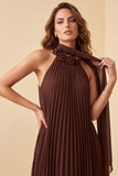 Chocolates A-line Halter Chiffon Pliated Maxi Formal Dress z 3D Flower