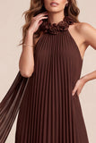 Chocolates A-line Halter Chiffon Pliated Maxi Formal Dress z 3D Flower