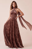 Gorset Czekoladowe gorsety, aksamitny strój na ramię A-line, Maxi Formal Dress z szyfonową szarfą