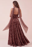 Gorset Czekoladowe gorsety, aksamitny strój na ramię A-line, Maxi Formal Dress z szyfonową szarfą
