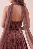 Gorset Czekoladowe gorsety, aksamitny strój na ramię A-line, Maxi Formal Dress z szyfonową szarfą