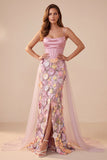 Różowy gorset Mermaid Wel Neck Floral Cellliques Satin Maxi Formal Dress z rozcięciem