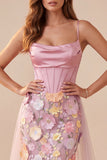 Różowy gorset Mermaid Wel Neck Floral Cellliques Satin Maxi Formal Dress z rozcięciem