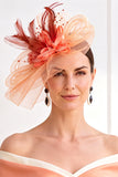 Pomarańczowe sinamay Mesh Loops 3D Fabric Flower Feathers Koronka Fascynator Chata z koralikami