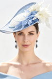 Niebiesko-biały, jednolity Sinamay Brand, 3D tkanina Kwiatowa Kapelusz Fascinator z piórami