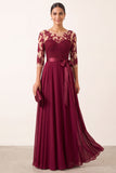 Burgundskie aplikacje z iluzji Chiffon z koralikami w kształcie litery A długi, elegancka sukienka z 3/4 rękawami
