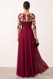 Burgundskie aplikacje z iluzji Chiffon z koralikami w kształcie litery A długi, elegancka sukienka z 3/4 rękawami