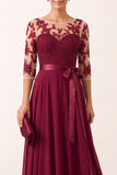 Burgundskie aplikacje z iluzji Chiffon z koralikami w kształcie litery A długi, elegancka sukienka z 3/4 rękawami