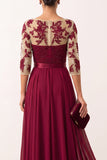 Burgundskie aplikacje z iluzji Chiffon z koralikami w kształcie litery A długi, elegancka sukienka z 3/4 rękawami