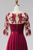 Burgundskie aplikacje z iluzji Chiffon z koralikami w kształcie litery A długi, elegancka sukienka z 3/4 rękawami