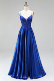 A-line Royal Blue aplikacje, satynowe cekiny, koralikowe ramiączka spaghetti, długa sukienka na studniówkę