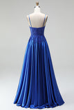 A-line Royal Blue aplikacje, satynowe cekiny, koralikowe ramiączka spaghetti, długa sukienka na studniówkę