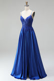 A-line Royal Blue aplikacje, satynowe cekiny, koralikowe ramiączka spaghetti, długa sukienka na studniówkę
