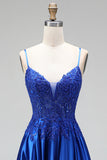 A-line Royal Blue aplikacje, satynowe cekiny, koralikowe ramiączka spaghetti, długa sukienka na studniówkę