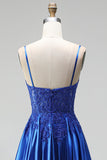 A-line Royal Blue aplikacje, satynowe cekiny, koralikowe ramiączka spaghetti, długa sukienka na studniówkę