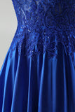 A-line Royal Blue aplikacje, satynowe cekiny, koralikowe ramiączka spaghetti, długa sukienka na studniówkę