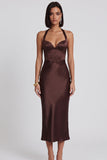 Ciemnobrązowy satynowy gorset, body-dopasowana sukienka koktajlowa Halter Midi