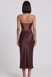 Ciemnobrązowy satynowy gorset, body-dopasowana sukienka koktajlowa Halter Midi