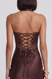 Ciemnobrązowy satynowy gorset, body-dopasowana sukienka koktajlowa Halter Midi