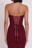 Błyszczący burgundowy gorset, bodycon Cowl, satynowa sukienka midi koktajlowa bez ramiączek