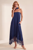 Granatowa Satynowa Midi Kształcie Litery A Bez Ramiączek Sukienki Na Wesele