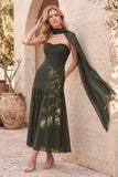 Olive Fit & Flare bez ramiączek szyfonowy, plisowana midi sukienka ślubna z peleryną