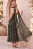 Olive Fit & Flare bez ramiączek szyfonowy, plisowana midi sukienka ślubna z peleryną