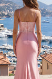 Blush Spaghetti Shoulders Satynowa Sukienka na bal z rozcięciem