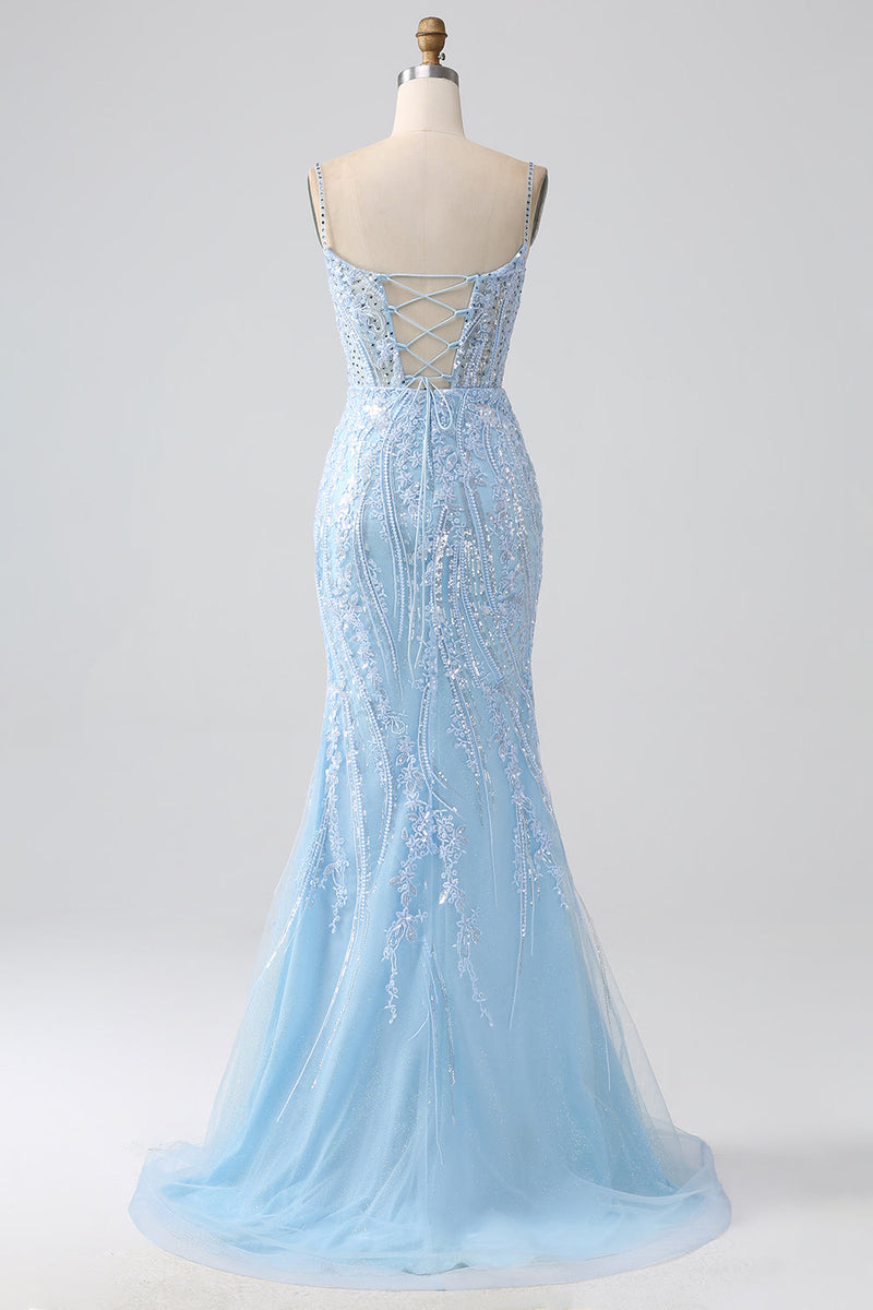 Załaduj obraz do przeglądarki galerii, Niebieski Błyszcząca Sukienka Syrena Studniówka z Cekinami