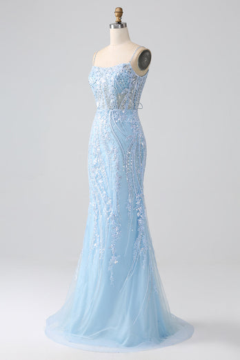 Niebieski Błyszcząca Sukienka Syrena Studniówka z Cekinami