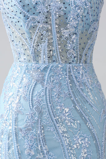 Niebieski Błyszcząca Sukienka Syrena Studniówka z Cekinami