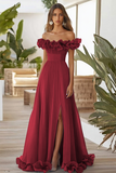 Off The Shoulder Niebieska formalna sukienka A Line z rozcięciem