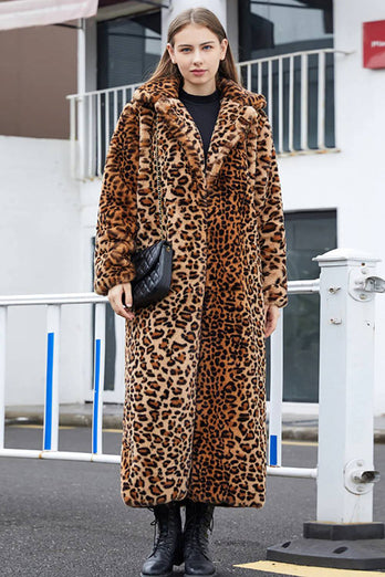 Brązowy Leopard Karbowany Lapel Faux Fur Shearling Coat